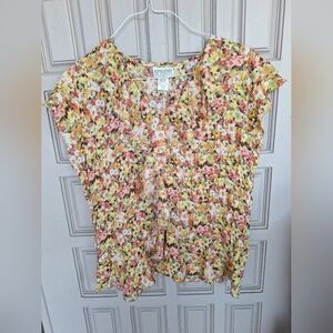 Bethany Blouse SzL V Neck Polyester Ruffle Front Flutter Sleeve Yellow MiniPrint